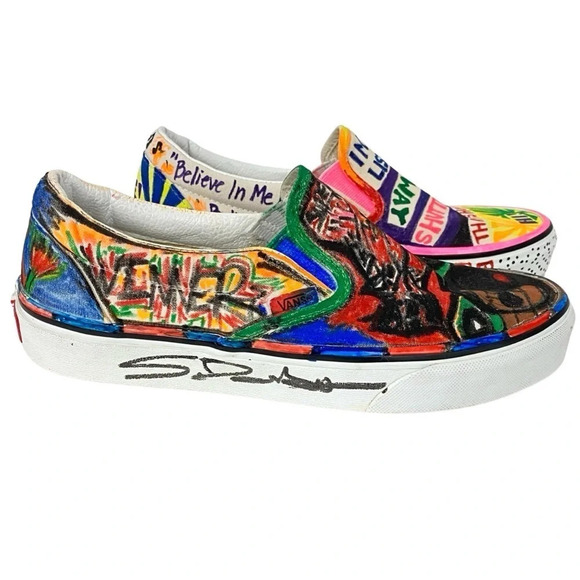 VANS Sneakers Custom Hand Drawn Graffiti Slide On Shoes Women 7.5 Men 6 Upcycled - Picture 9 of 16